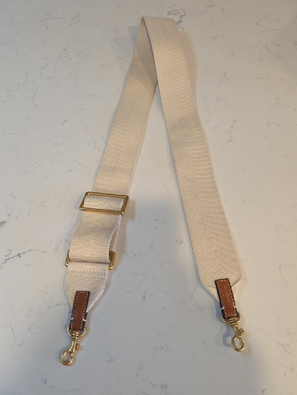 Oroton Beige Canvas Strap with Tan Leather and Gold Hardware Accent